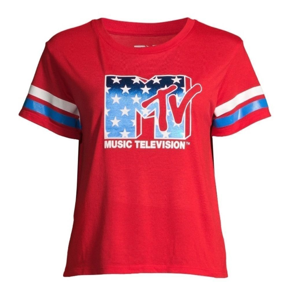 🔺️NWT MTV Red & Metallic Blue Lightweight Cropped Short Sleeve Top Large